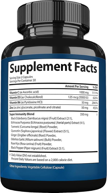 Immune Support Supplement 12 in 1 Complex with Vitamin C, D3, Zinc, Echinacea, Elderberry, Ginger, Turmeric. Immune Defend for Men & Women, Non-GMO, Gluten-Free, Vegan, USA