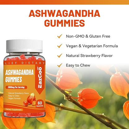 Ashwagandha Gummies & Vitamin D3, 3000mg Extra Strength Ashwagandha Root Extract for Boosts Energy, Immune Support, Non-GMO, Strawberry Flavor, 60 Count
