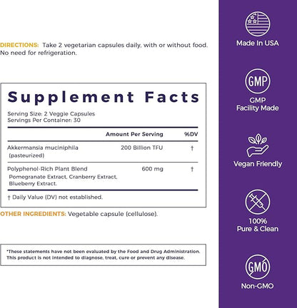 NewRhythm Akkermansia Muciniphila for Women & Men 200B TFU, Naturally Increase GLP-1 Metabolism Booster Gut Lining Repair, Cranberry Blueberry Pomegranate Extracts, Vegan, 60 Caps