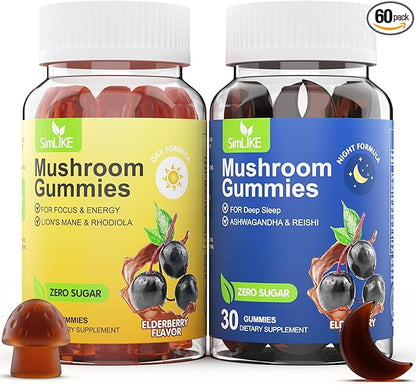 Simlike Mushroom Gummies Supplement for Sleep and Energy with Ashwagandha & Lion's Mane, Day & Night Routine,Elderberry Flavor, No Sugar (30-Day Supply)