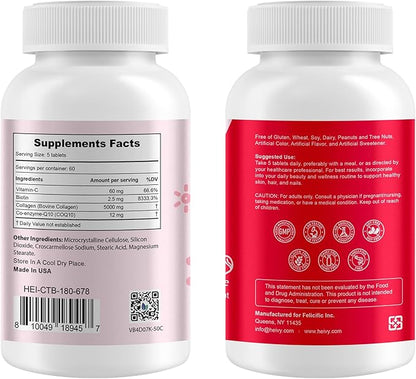 Heivy Natural Collagen 5000 mg with Vitamin C, Biotin and CoQ10,Hydrolyzed Collagen Peptides Supportment for Women & Men, Multi Collagen Pill for Hair, Skin, Nails, Joint, Grass Fed, 300 Tablets