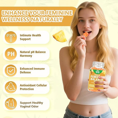 Feminine Probiotics Gummies, Vaginal Health & Women's pH Balance Gummy Supplement with Cranberry Pineapple Powder, Sugar Free Vegan, 60 Count (Pineapple)