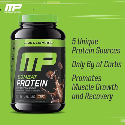 Muscle Pharm Combat Protein Powder, Chocolate Milk Flavor, Fuels Muscles for Productive Workouts, 5 Protein Sources Including Whey Protein Isolate & Egg Albumin, Gluten Free, 2 lb, 24 Servings