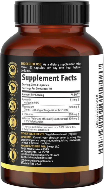 Earth Elixir 4-in-1 Sleep Aid (120 Caps) w/Apigenin 50mg, Magnesium Glycinate 200mg, L Theanine 200mg & Valerian Root for Sleep Aid 300mg | Apigenin Supplement for Sleep | Sleeping Pills