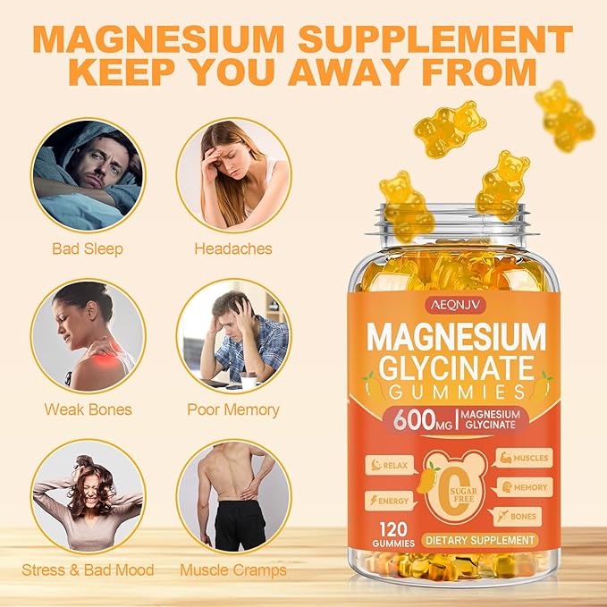 Magnesium Glycinate Gummies 600mg, Chewable Sugar Free Potassium Gummies with Magnesium Glycinate, Vitamin D, B6 and CoQ10 for Stress Relief, Body Support & Muscle, 2 Pack
