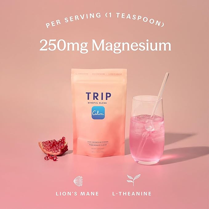 TRIP Magnesium Glycinate Powder with L-Theanine & Lion’s Mane, Sugar Free Magnesium Supplement for Adults, 250mg Magnesium per Drink Mix Serving, Pomegranate Orange Blossom, 1 Bag - 30 Servings