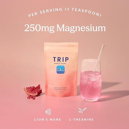 TRIP Magnesium Glycinate Powder with L-Theanine & Lion’s Mane, Sugar Free Magnesium Supplement for Adults, 250mg Magnesium per Drink Mix Serving, Pomegranate Orange Blossom, 1 Bag - 30 Servings