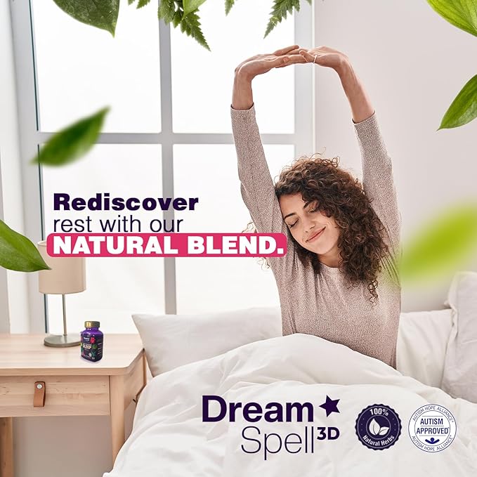 Dream Spell 3D Natural-Based Sleep Aid - Soothes an Alert Mind, No Next-Day Grogginess- Drug-Free Innovative Formula with 3Mg Melatonin, GABA, Hops - Restful Nights, Refreshed Mornings - 60 Capsules