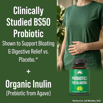 Bloat and Gas Probiotic - Proven Relief with Clinically Studied Bacillus Subtilis BS50 + Prebiotic Fiber - Fast Acting Anti Bloating Pills Supplement - Debloating Capsules for Women and Men