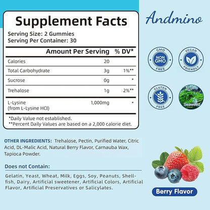 L-Lysine Gummies 1000 mg, with Trehalose, L Lysine Gummies for Lips & Oral Wellness, Immune Support & Collagen & Calcium, for Adults & Kids, Non-GMO, Vegan, Gluten Free, Berry Flavor, 120