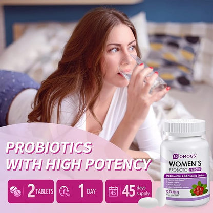 OMOGS Women's Probiotic, with Cranberry Extract, Organic Prebiotics & Vitamin C, 90 Billion CFUs,18 Strains, Help for Boost Immune, Digestive, Gut Health & Women's Health, Gluten & Soy Free,90 Tablets