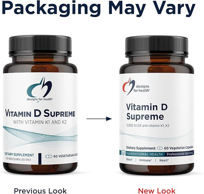 Designs for Health Vitamin D Supreme - Vitamin D 5000 IU with 2000mcg Vitamin K as MK4 for Bone Health, Heart Health, Mood & Immune Support - Vitamin D3 Enhanced with GG Supplement (60 Capsules)
