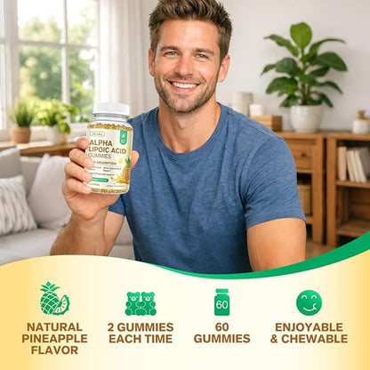 Alpha Lipoic Acid Gummies 600mg, ALA Supplement with Benfotiamine, Magnesium, NAC, Vitamin C & B12 for Nerve Support, Antioxidant and Energy & Metabolic, Vegan, Sugar Free, Pineapple Flavor, 60 Counts