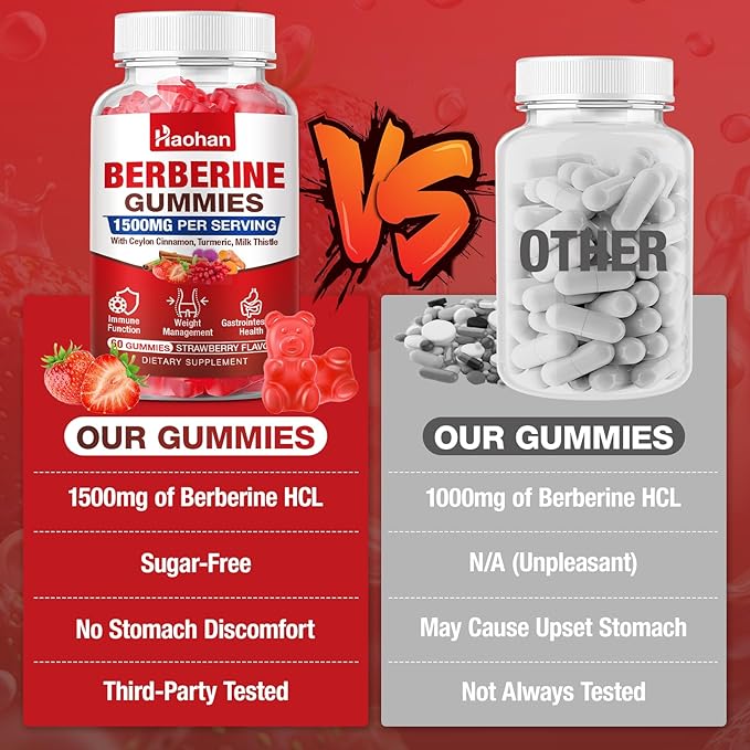 Haohan Berberine Gummies, 1500mg High Potency Berberine HCl, Ceylon Cinnamon, Milk Thistle, Immune System & Metabolism Support, Vegan, Strawberry Flavor, 60 Count