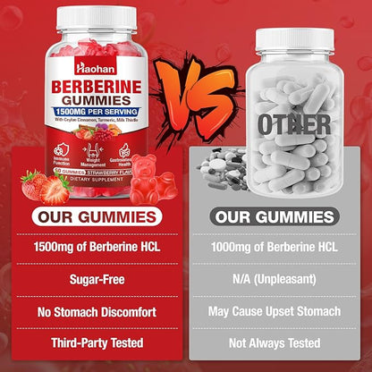 Haohan Berberine Gummies, 1500mg High Potency Berberine HCl, Ceylon Cinnamon, Milk Thistle, Immune System & Metabolism Support, Vegan, Strawberry Flavor, 120 Count