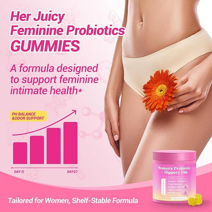 Her Juicy Feminine Probiotics Gummies, Premium Feminine Balance Gummies with Slippery Elm for Women's pH Balance, Healthy Odor, Flora and Immune Support 30-Day Supply