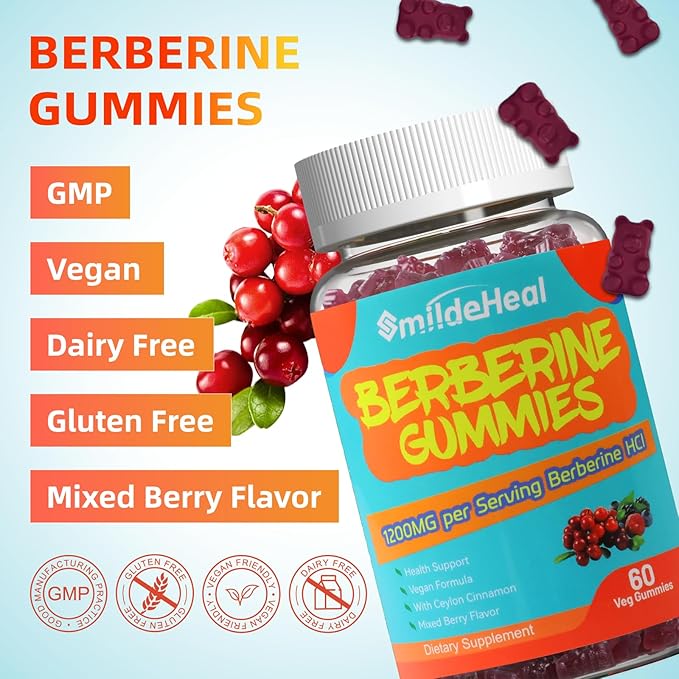 2 Pack Berberine Gummies 1200mg with Ceylon Cinnamon 200mg, Milk Thistle Extract & Turmeric, Vegan Berry Flavor, Non-GMO, Gelatin-Free, Gluten-Free, 120 Count