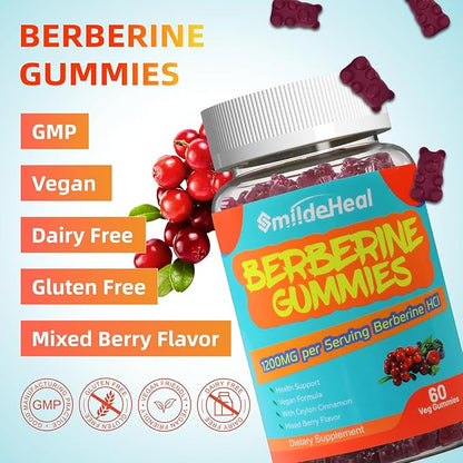 2 Pack Berberine Gummies 1200mg with Ceylon Cinnamon 200mg, Milk Thistle Extract & Turmeric, Vegan Berry Flavor, Non-GMO, Gelatin-Free, Gluten-Free, 120 Count