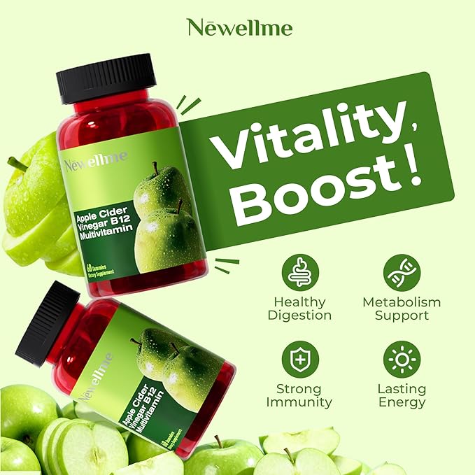 NEWELLME Sugar-Free Apple Cider Vinegar Gummies for Metabolism - 1000mg ACV with The Mother & Vitamin B12 for Energy Support - Vegan, Gluten-Free, 60 Counts