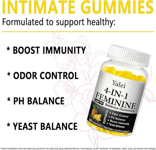 4-in-1 Nuora Premium Feminine Balance Gummies & PH Balance Gummies for Women - Immune Support & Healthy Odor & Flora - Vegan,Non-GMO - Hawaiian Pineapple,60 Count