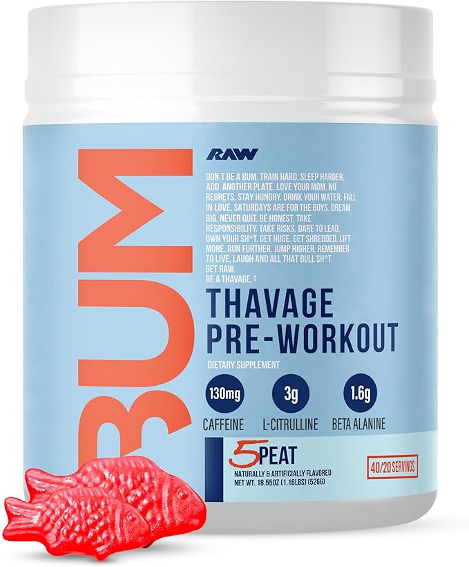 RAW Pre Workout Powder, Thavage (5 Peat, Red Gummy) - Chris Bumstead Sports Nutrition Supplement for Men & Women - Cbum Pre Workout for Working Out, Hydration, Mental Focus & Energy - 40 Servings