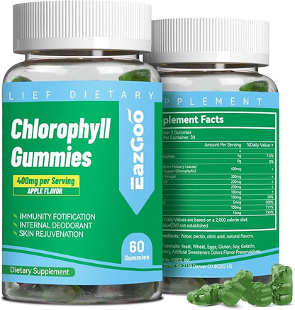 Sugar Free Chlorophyll Gummies, Vitamin B12 Zinc - Natural Deodorant*, Supports Healthy Skin & Body Detox*, Immune & Digestion Support, Chewable Chlorophyll Supplement for Women - 60 Count