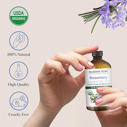 Majestic Pure Organic Rosemary Essential Oil - 100% Pure & Premium Oil for Hair Growth, Skin, Face, Aromatherapy & Diffuser - 1 fl oz | Perfect Oil for Hair Growth