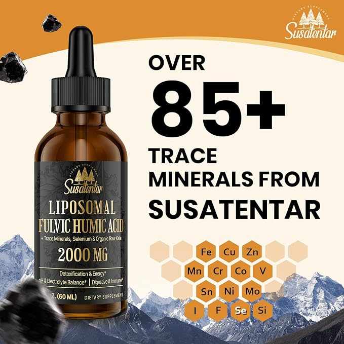 2000 MG Liposomal Fulvic Acid + Humic Acid + Trace Minerals Complex - More Potent Than Shilajit, Electrolytes Liquid Supplement with Organic Kale for Energy, Digestion, Immunity & pH Balance, 8 Oz