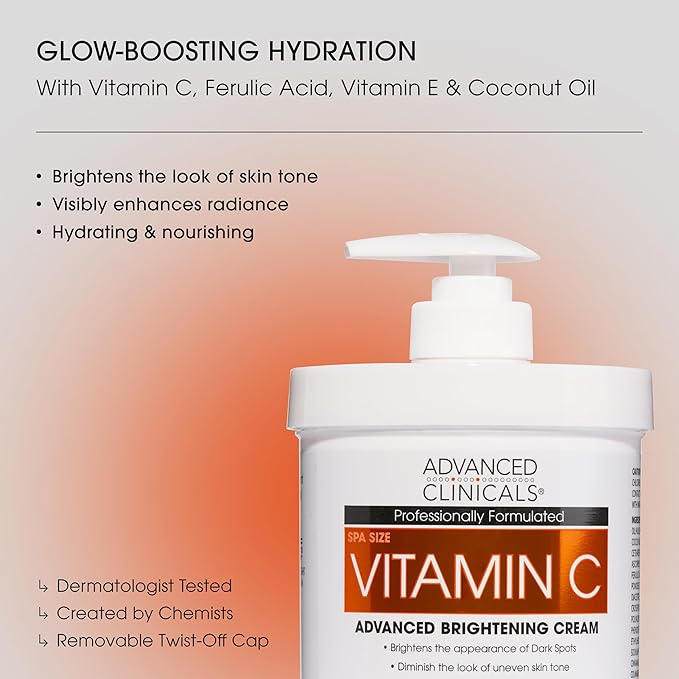 Advanced Clinicals Brightening Vitamin C Cream + 5% Niacinamide Serum W/Hyaluronic Acid 2pc Set | Vitamin C Body Lotion Moisturizer & Dark Spot Remover Face Serum | Skin Care Products, 2pc Bundle