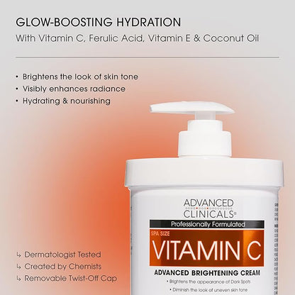 Advanced Clinicals Brightening Vitamin C Cream + 5% Niacinamide Serum W/Hyaluronic Acid 2pc Set | Vitamin C Body Lotion Moisturizer & Dark Spot Remover Face Serum | Skin Care Products, 2pc Bundle