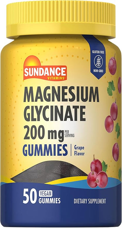 Sundance Magnesium Glycinate Gummies | 200mg | 50 Count | Grape Flavor | Vegan, Non-GMO, and Gluten Free Supplement