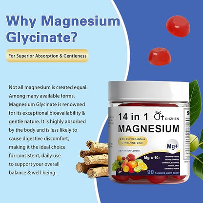 Magnesium 14-in-1 Complex Gummies with Ashwagandha & L-Theanine, Zinc | Deep Clamly Magnesium Glycinate Gummies, Stress Relief & Calm Support Formula | Vegan, Sugar-Free Supplement, 90 Count