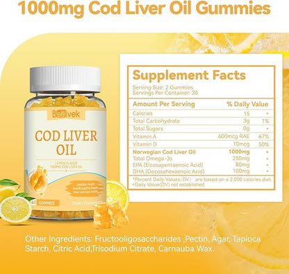 Cod Liver Oil Gummies 1000mg, for Adults & Kids with Omega-3 Vitamin A & D3, Fish Oil Supplement, Supports Eye Health, Brain Function & Bone Health, Sugar-Free, Non-GMO, Gluten-Free 120 Count