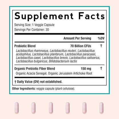 Doctor's Recipes Probiotics for Women, Organic Prebiotics and Probiotics, 70 Billion CFU, 10 Strains, Shelf Stable, 30 Capsules
