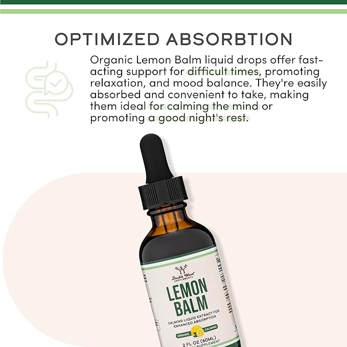 Double Wood Supplements Organic Lemon Balm Tincture - for Digestion & Relaxation 590mg - 2FL OZ, 120 Servings (Better Absorbed Than Capsules, Great for Lemon Balm Tea)