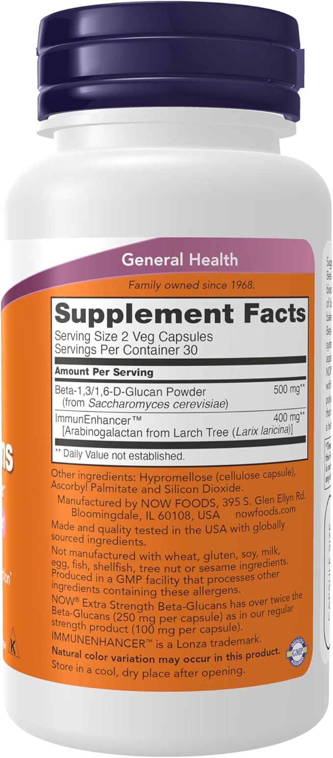 NOW Foods Supplements, Beta-Glucans with ImmunEnhancer™ with Larch Arabinogalactan, Extra Strength, 60 Veg Capsules