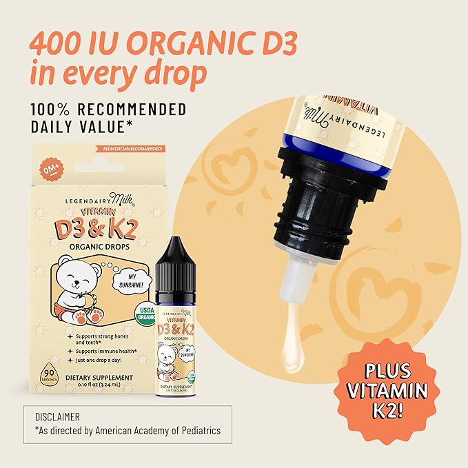 Legendairy Milk Vitamin D Drops for Infants, Organic Baby Vitamin D3 K2 Liquid 400 IU, Vegan for Newborns Toddlers & Kids, Childrens Supplement for Strong Bones & Teeth, Sugar Free, 90 Servings
