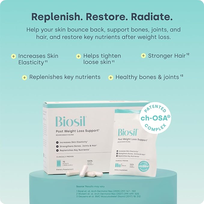 Biosil Post Weight Loss Support: BounceBack Blend - 15 Packets - GLP-1 Partner with Patented ch-OSA - Strengthens Bones, Joints & Nails - 2-Week Supply