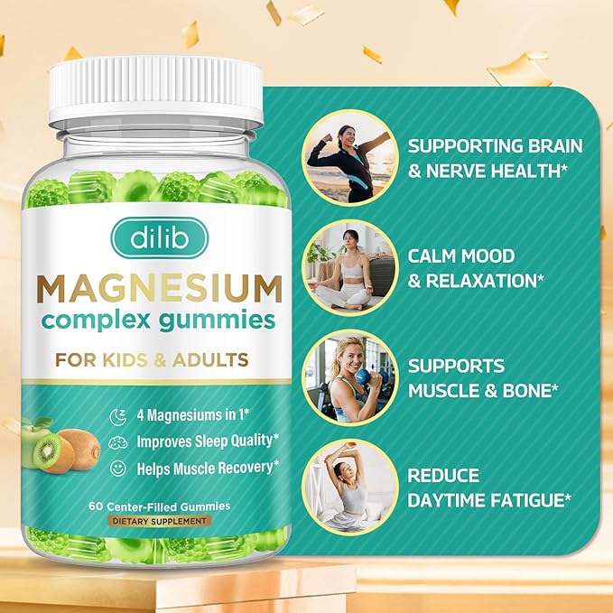 Magnesium Complex Gummies for Kids & Adults- Magnesium Glycinate, Taurate, Citrate, Malate Supplement-Support Calm Stress Relief, Bone, Muscle, Mood Vegan, Green Apple & Kiwi Flavor, 60 Gummies