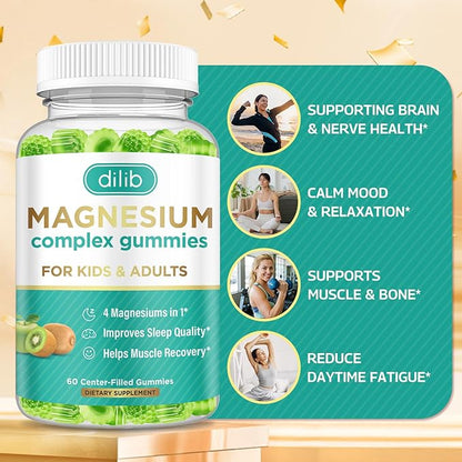 Magnesium Complex Gummies for Kids & Adults- Magnesium Glycinate, Taurate, Citrate, Malate Supplement-Support Calm Stress Relief, Bone, Muscle, Mood Vegan, Green Apple & Kiwi Flavor, 60 Gummies