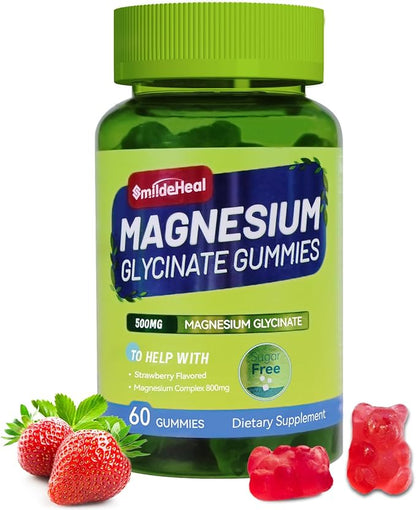 Magnesium Glycinate Gummies 500mg with L-Threonate 300mg - Sugar-Free Magnesium Potassium Supplement with Vitamin D, B6, CoQ10 - Strawberry Flavored - 60 Gummies