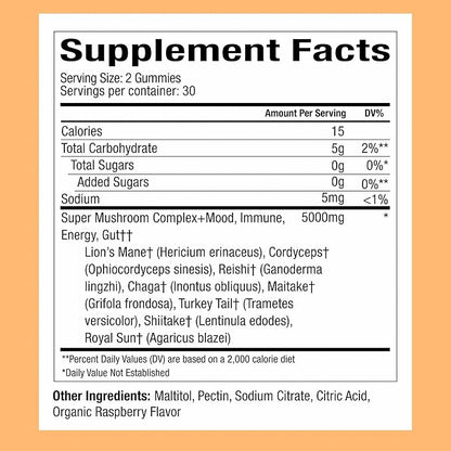 WonderDay Extra Strength Mushroom Gummies – Sugar Free Lion’s Mane, Cordyceps, Reishi & Chaga Supplement for Adults – Mood Boost, Energy, Focus, Immune Support & Gut Health – Vegan, Non-GMO (60 Count)