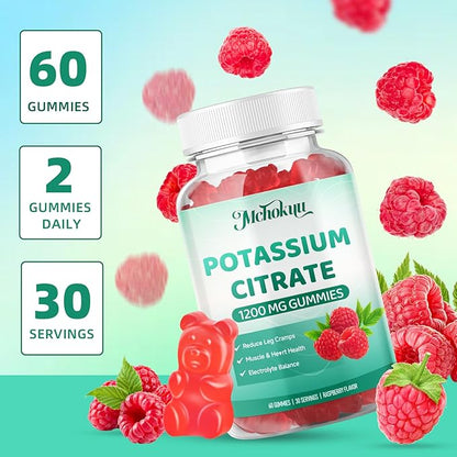 Potassium Citrate Supplement Gummies, Potassium Supplements for Women & Men, Helps Maintain Muscle Wellness & Electrolyte Balance, Vegan, Raspberry Flavor, 60 Count Potassium Gummies