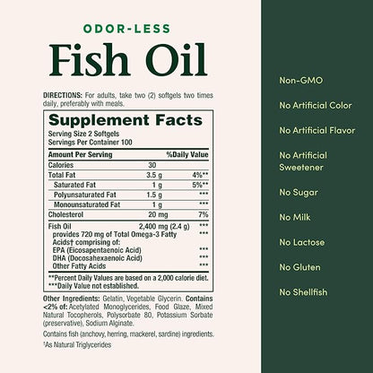 Nature's Bounty Fish Oil, Dietary Supplement with 360mg Omega-3, Supports Heart Health, 1200mg, 200 Softgels (Pack of 2)