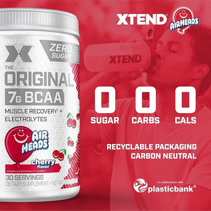Xtend Original BCAA Powder, 7g BCAAs and 2.5g L-Glutamine for Muscle Recovery Hydration and Lean Muscle, Sugar Free Intra and Post Workout Drink with Electrolytes, Cherry Airheads, 30 Servings