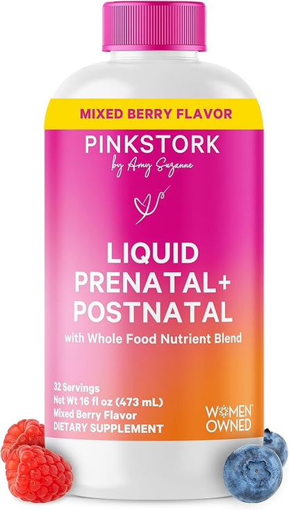 Pink Stork Liquid Prenatal Vitamins for Women - Berry Flavor Organic Food Blend - Fertility, Pregnancy, Postpartum Essentials - Morning Sickness Support - Breastfeeding & Lactation - 32 Servings