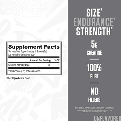 RYSE Creatine Monohydrate Powder - Unflavored - Supports Men & Women Lean Muscle Growth, Strength, Power, and Endurance - Helps Reduce Fatigue and Improve Workout Recovery - 100 Servings.