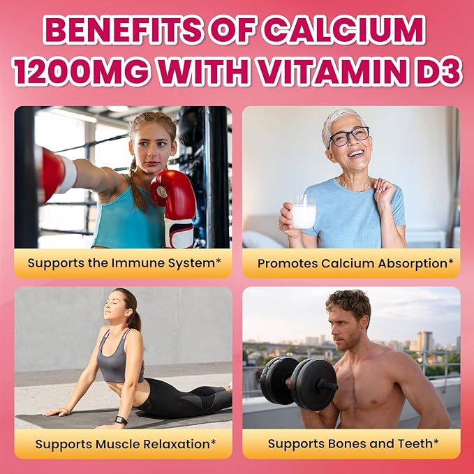 Calcium Citrate Gummies - 1200mg Calcium Gummies Supplements for Women & Men with Vitamin D3, K2, Magnesium, Zinc High Absorption for Bone, Muscle & Immune Support, Raspberry Flavor, 60 Count