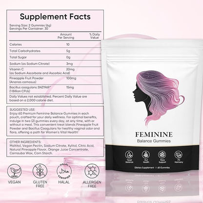 Nuora Feminine Balance Gummies for Women, PH Balance, Healthy Odor, Flora and Immune Support, Vaginal Health Support, Vegan Hawaiian Pineapple, 60 Count (1)