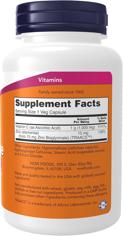 NOW Foods Supplements, C-1000 & Zinc Immune, Seasonal Support Formula*, Antioxidant Protection*, 90 Veg Capsules